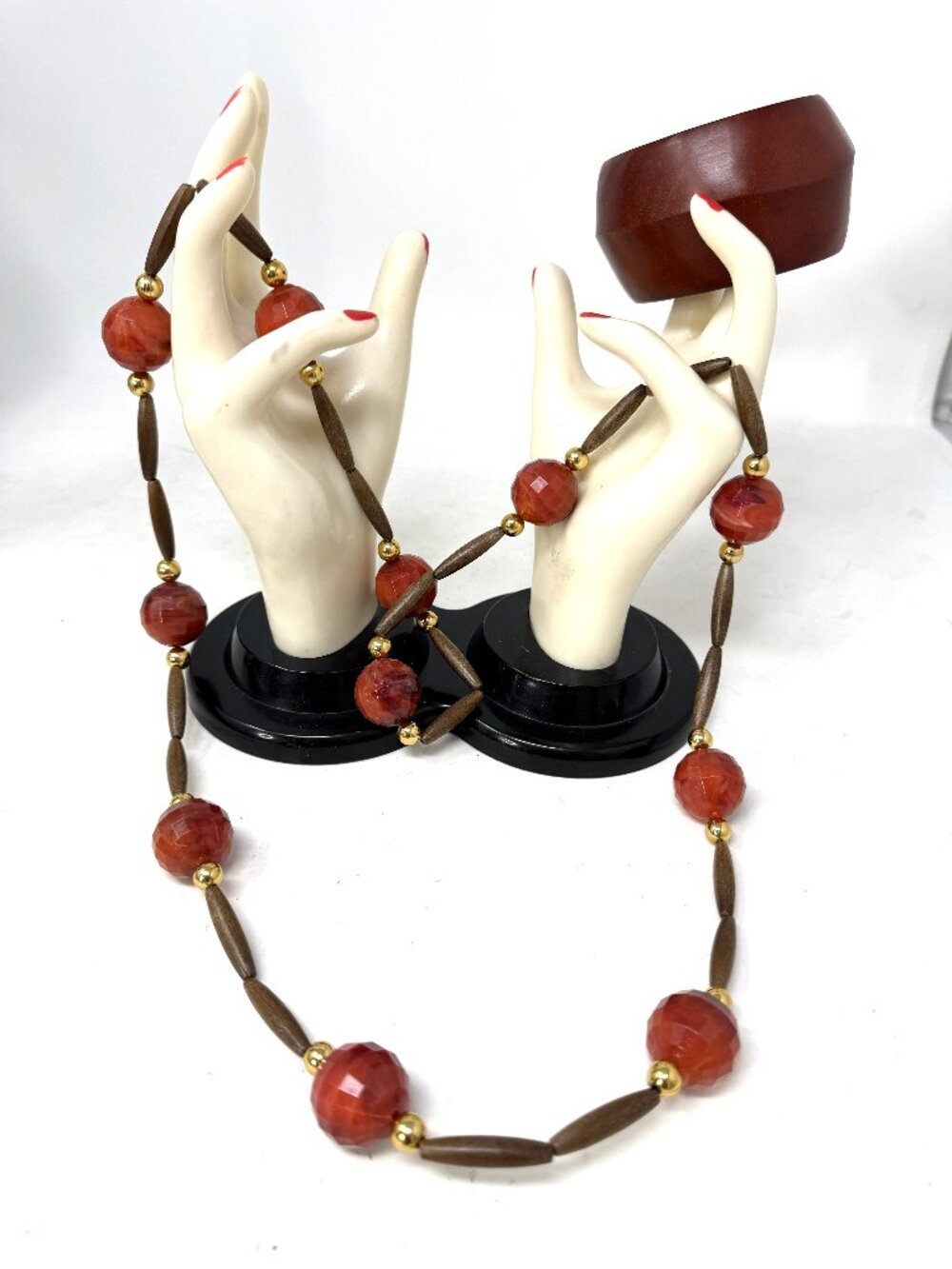 Wood Faceted Acrylic Bead Necklace Wide Wood Bangle Bracelet Set Fall / Autumn